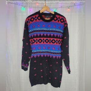 Vintage Carole Little Tunic Sweater Embroidered Medium Fair Aisle Floral 90s